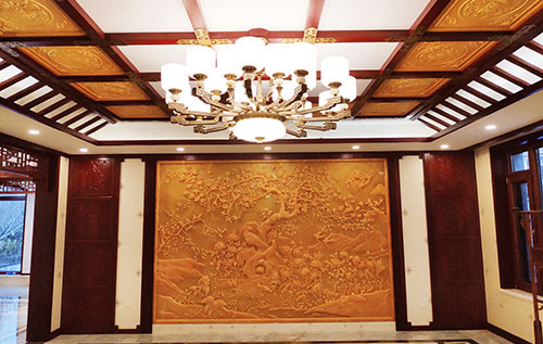 秀洲中式别墅客厅中式木作横梁吊顶装饰展示
