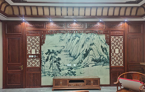 秀洲中式仿古别墅客厅背景墙花格木作装饰